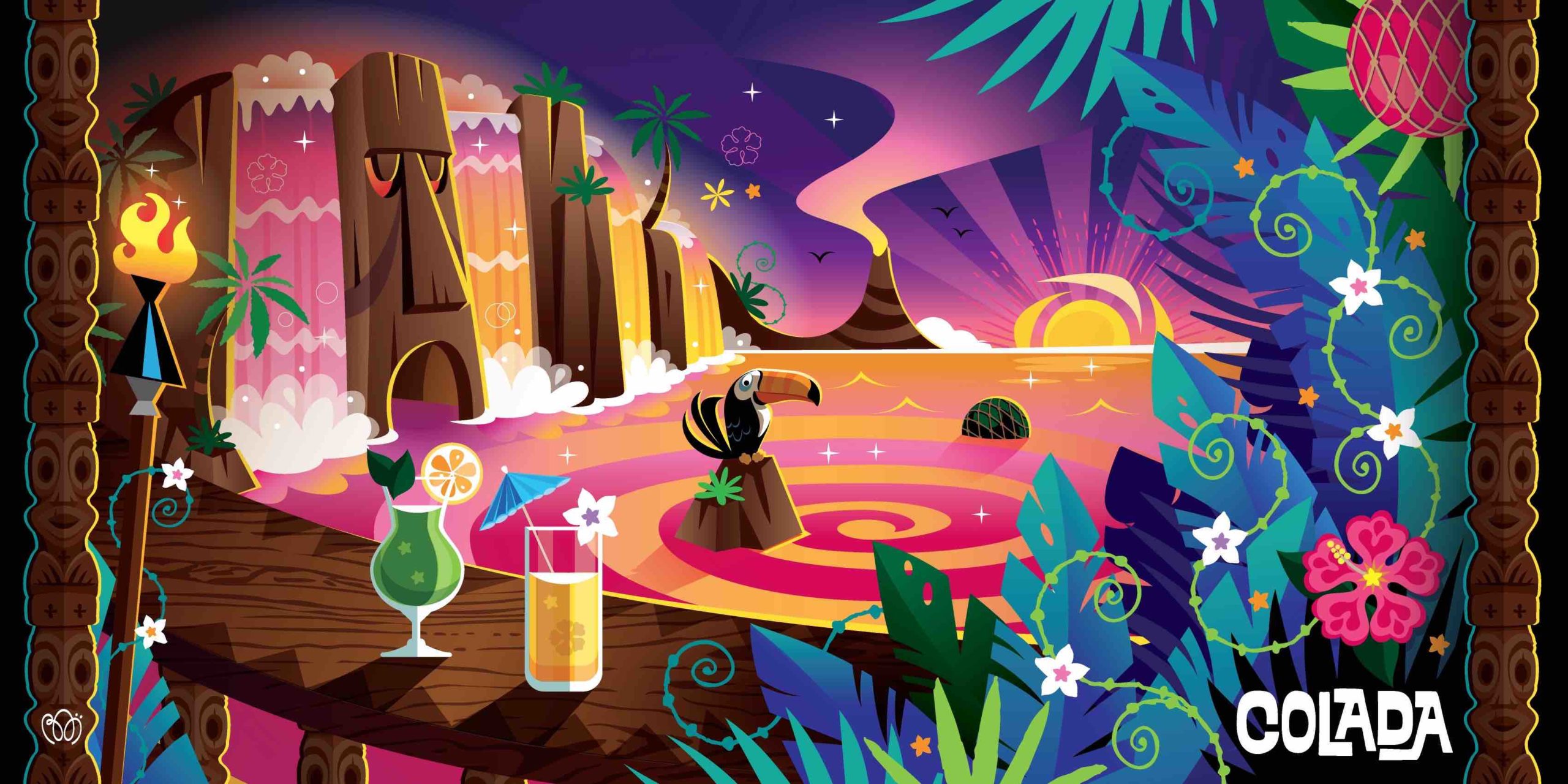 Une image dans le style tiki avec un des cocktails au premier plan