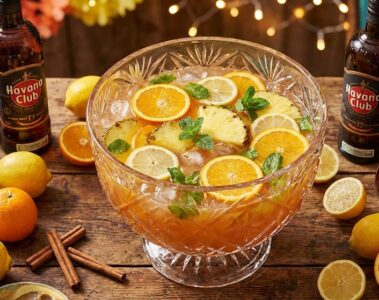 A large glass punch bowl filled with tropical punch, garnished with slices of orange, lemon, pineapple and fresh mint, surrounded by bottles of rum, whole citrus fruits and cinnamon sticks on a rustic wooden table.